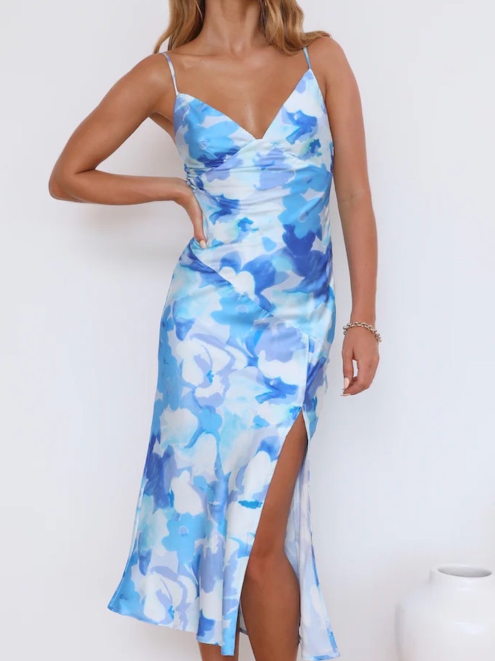 Hello Molly Blue Floral Slip Midi Dress with Side Slit Size XL